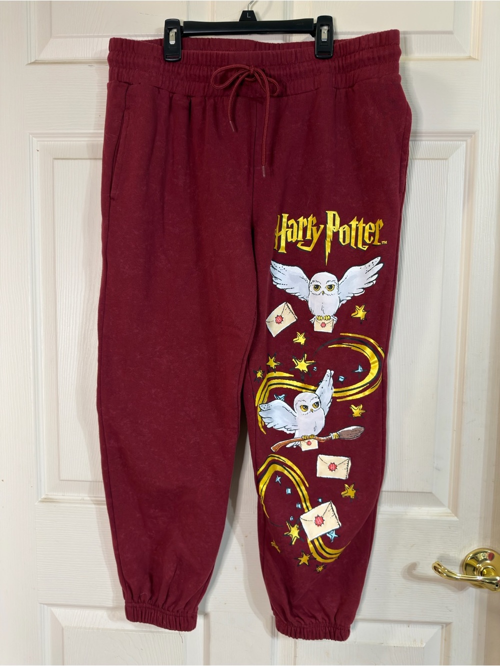 Harry Potter Women's Burgundy Owl Graphic Joggers Sz L EUC